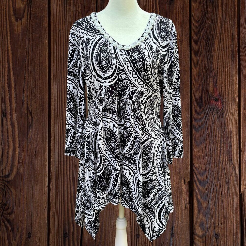 Style & Co Paisley Tunic Top Med Y2K Boho Handkerchief Hem Beaded Neck Babydoll